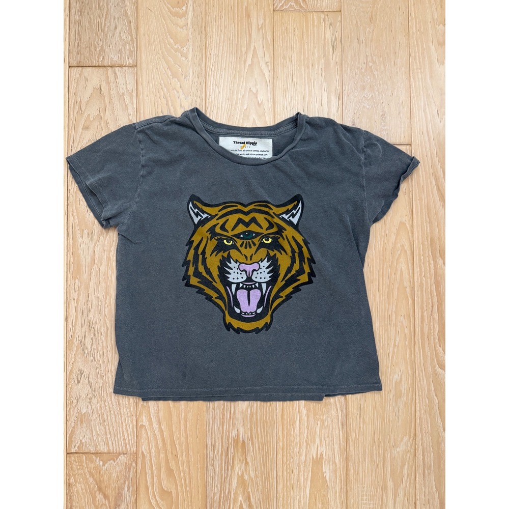 THREAD HIPPIE Womens T-Shirt Tiger Graphic Vintage Wash Boho Edgy Small